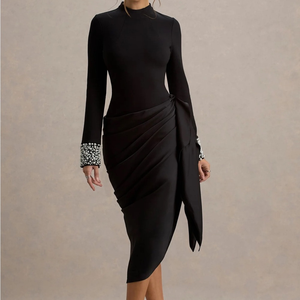 Chic Black Long Sleeve Dress with Embellished Cuffs